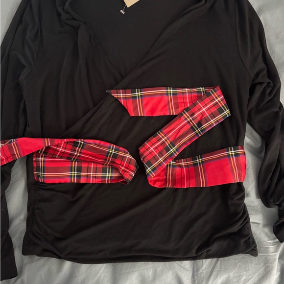 J. Crew Black Wrap Top with Red Plaid Waist Tie - Picture 5 of 10